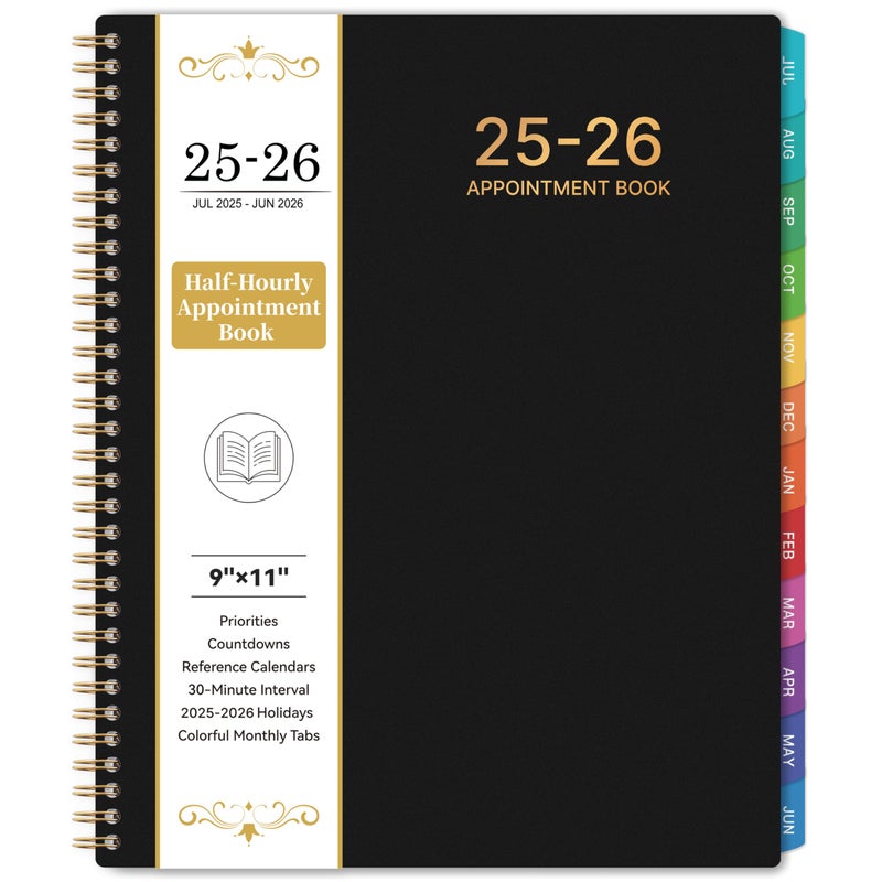 BooQool 2025-2026 Appointment Book/Planner - 2025-2026 Academic Planner Large 9"" x 11"", July 2025 - June 2026, Daily Hourly Planner with 30-Minute Interval, Weekly Monthly Planner, Colorful Monthly Tabs, Inner Pocket - Black - Image 1